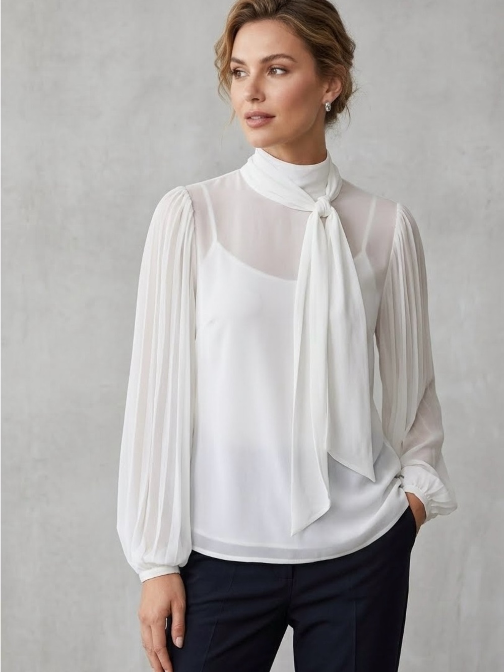 WHBM White House Black Market Chiffon Tie Neck Full Sleeve Top Ecru